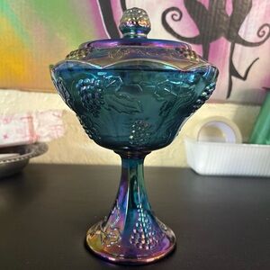 Vintage Indiana Blue Harvest Grape Carnival Glass Candy Dish